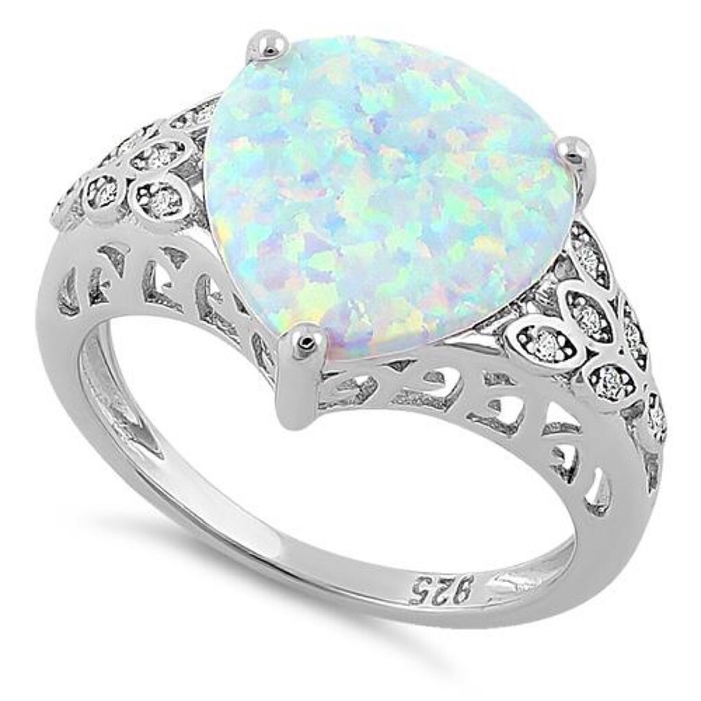 925 STERLING SILVER Lab Created White Fire Opal & CZ Ring - Picture 14 of 16